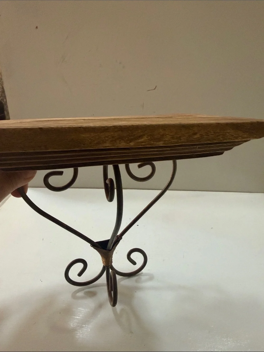 Brown Solid Wood and Metal Wall Shelf with Decorative Scroll Bracket Vintage